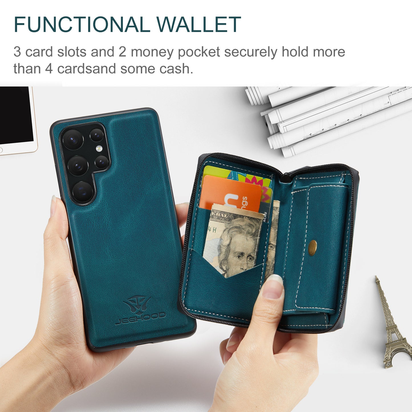 Luxury leather phone case with detachable magnetic wallet